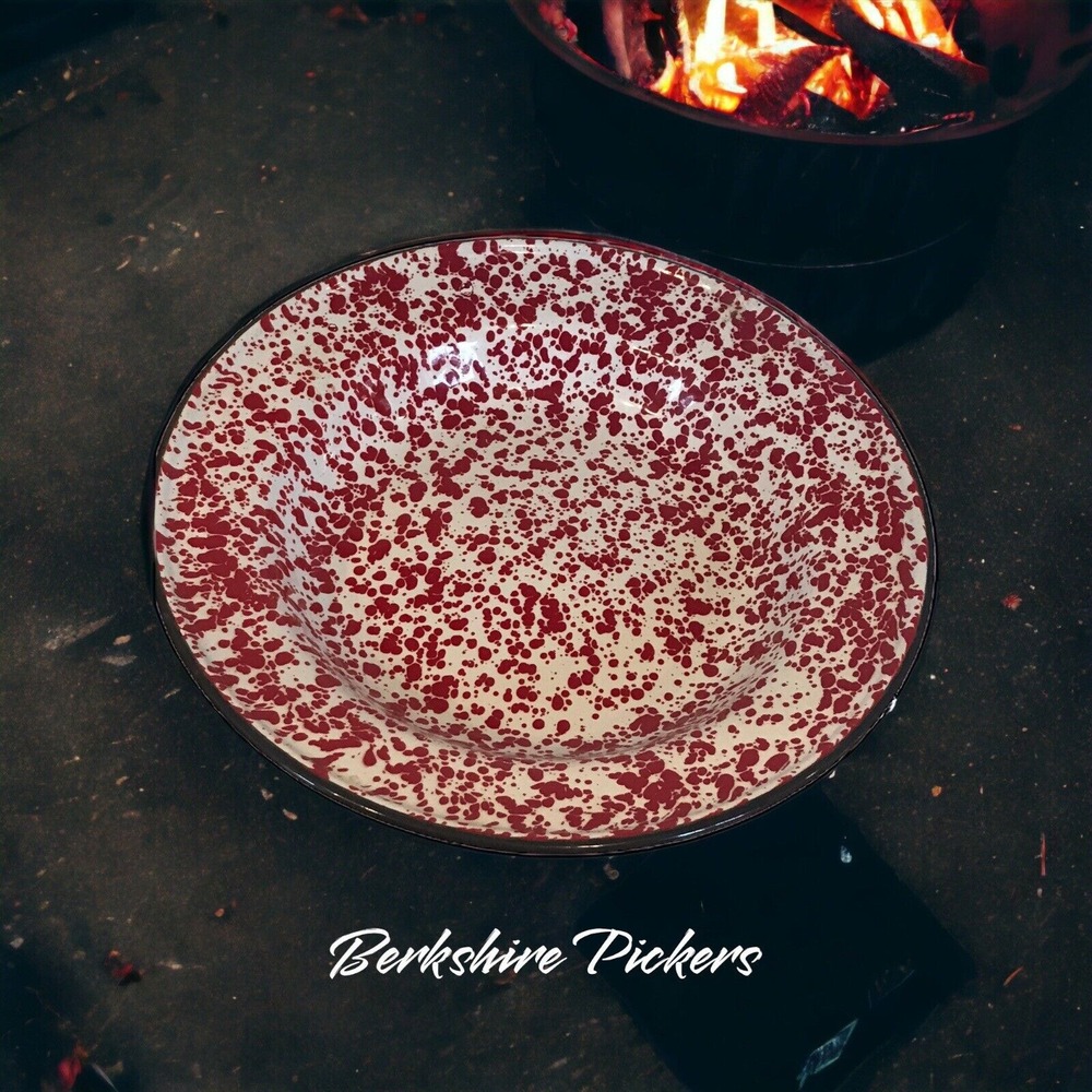 Graniteware 10‎ 1/4" Plate Red White Swirl Splatter Enamelware